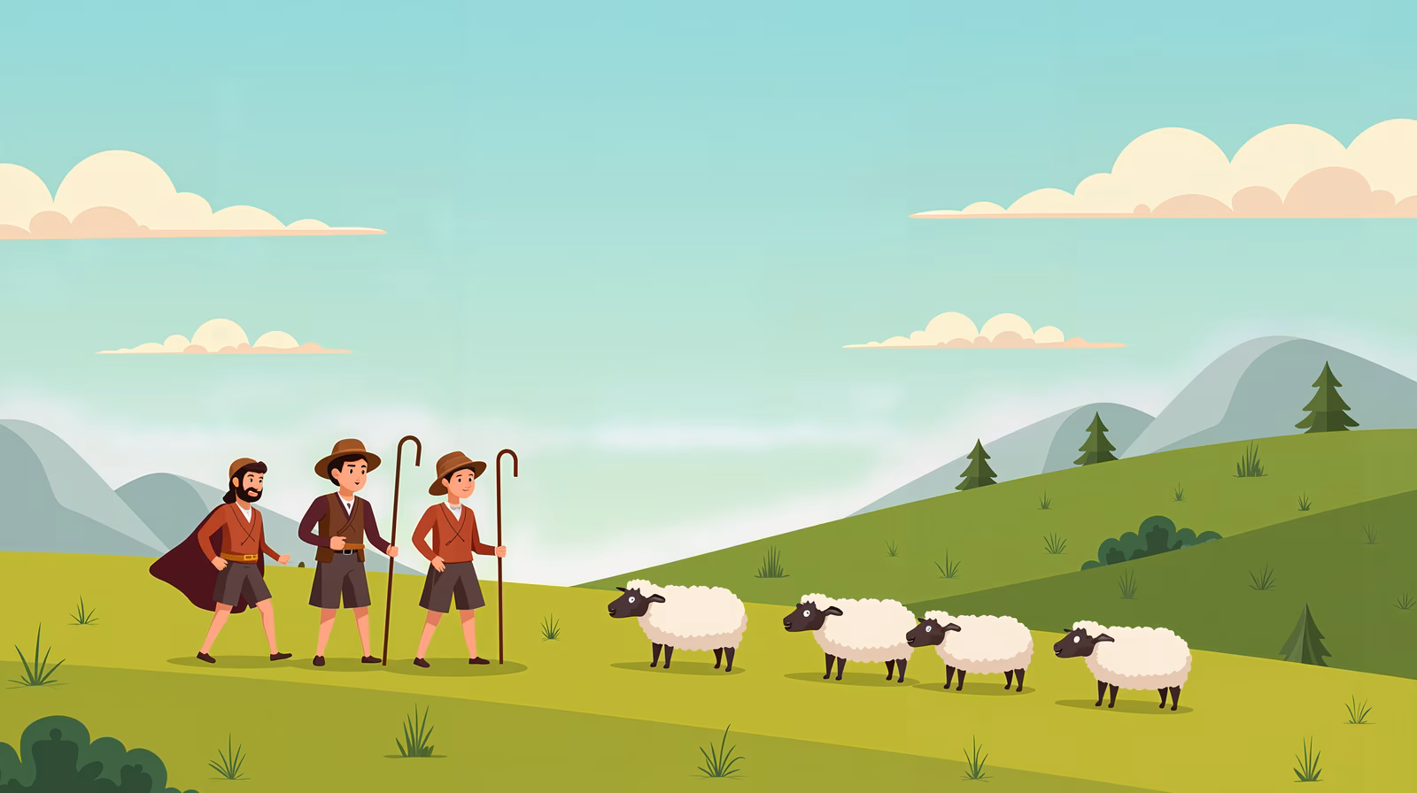 Three shepherds and their flock in a tranquil pastoral setting.