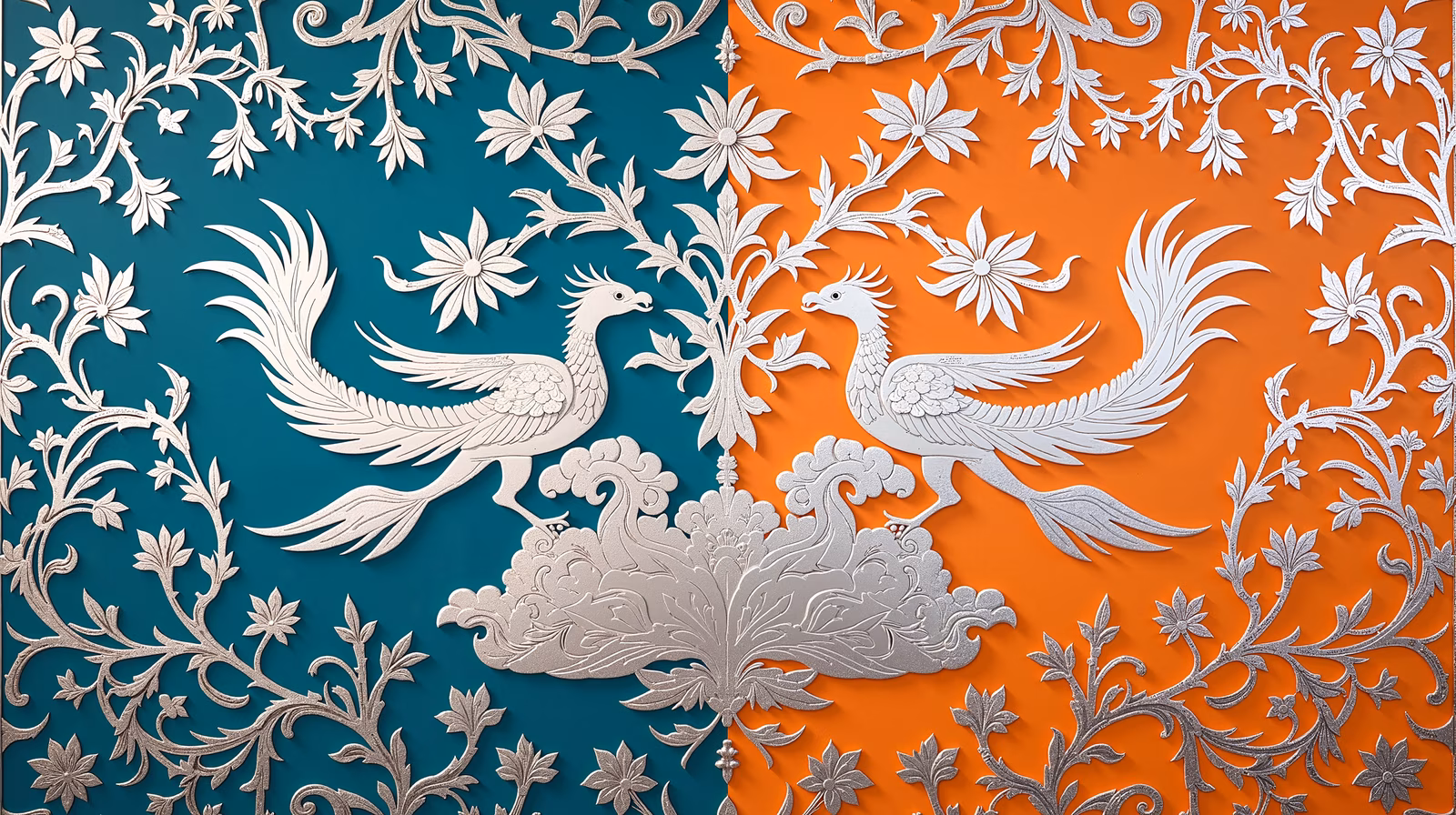 Detailed monochromatic phoenix illustration with teal and orange backgrounds.