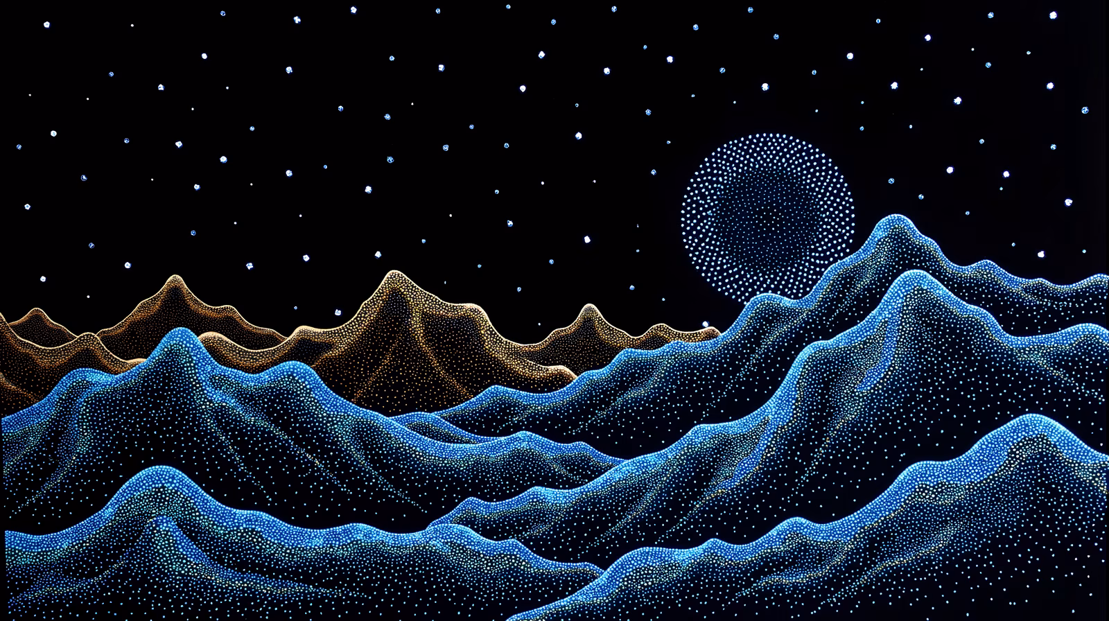 Pointillist landscape with textured mountains and a dotted moon under a starry sky.