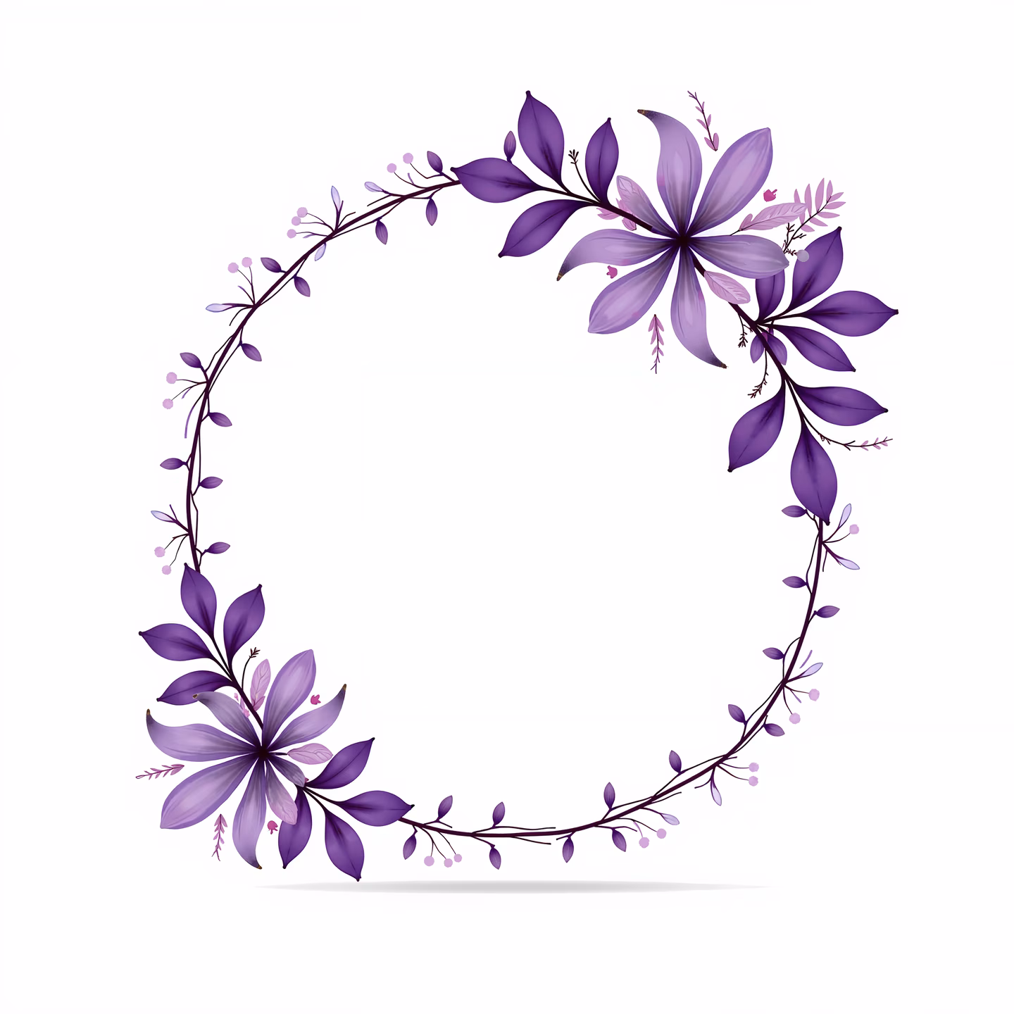 Elegant purple floral wreath design with soft pastel tones and delicate details.