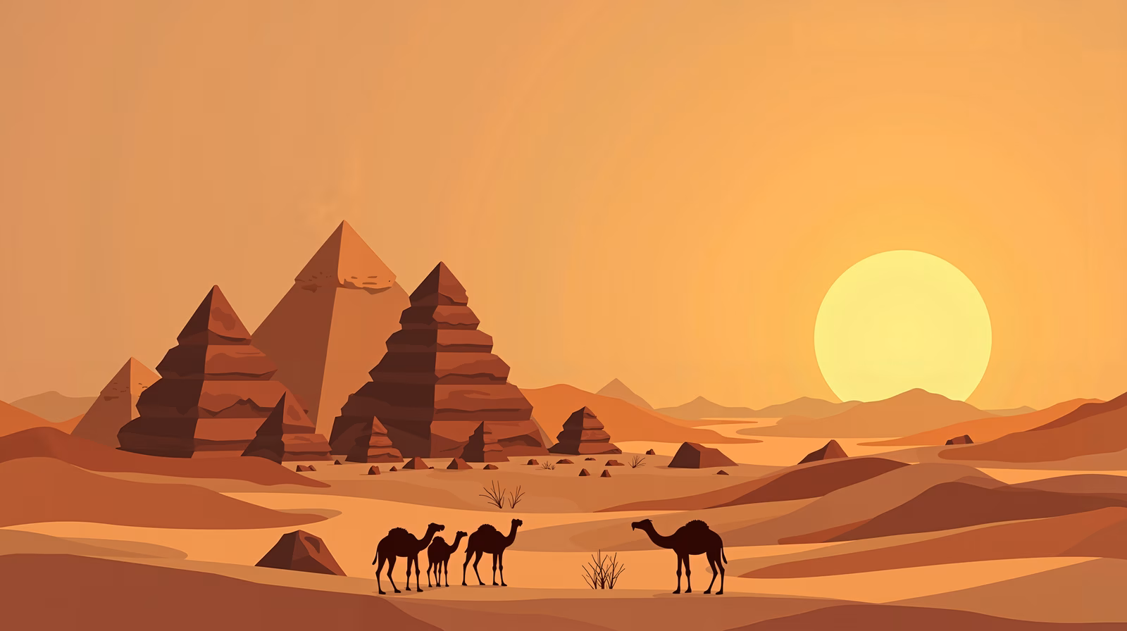 Illustrated pyramids at sunset with camels in the desert.