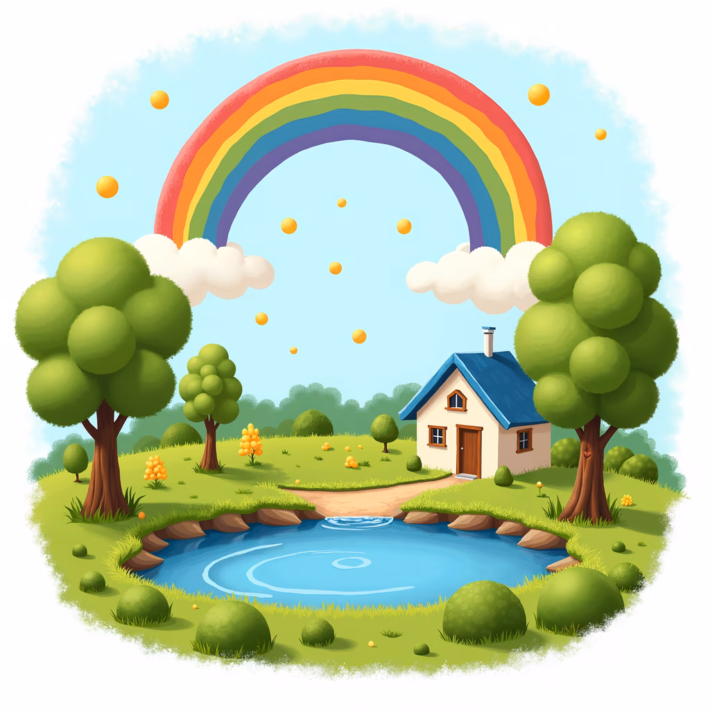 A cozy cottage surrounded by nature under a colorful rainbow, perfect for children’s art.