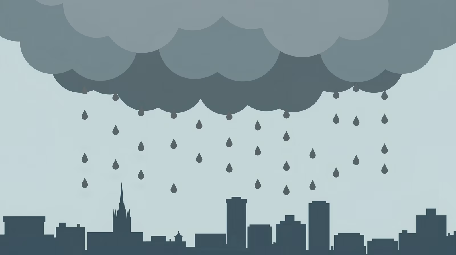 Dark rain clouds over a city silhouette, evoking melancholy.