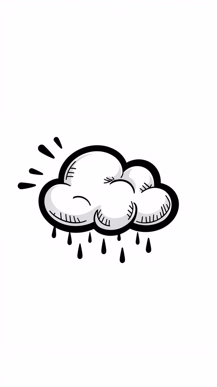 Whimsical cloud with raindrops in a playful, cartoonish style.