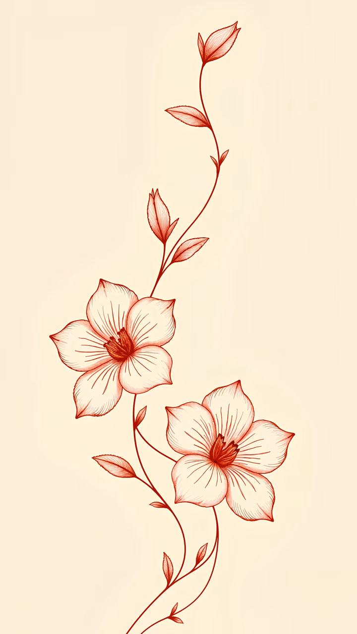 Elegant red floral illustration on a beige background.