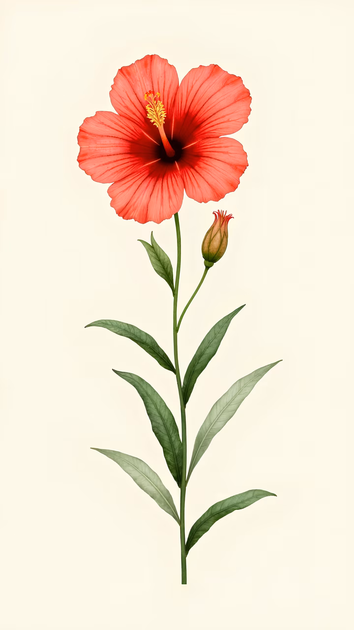 Detailed botanical illustration of a red hibiscus flower and bud.