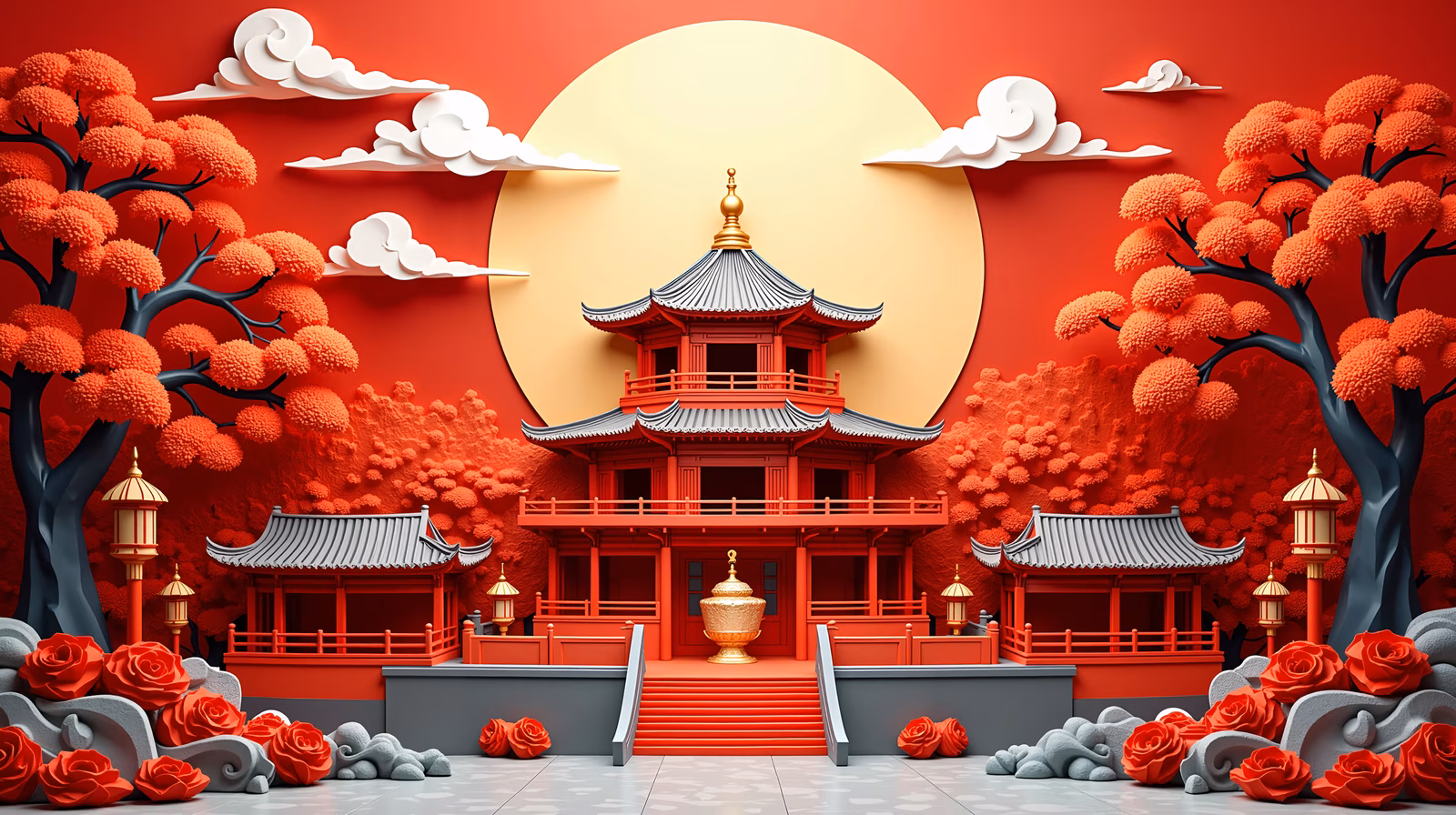 A striking red pagoda illustration with autumnal trees and roses, evoking warmth and tradition.