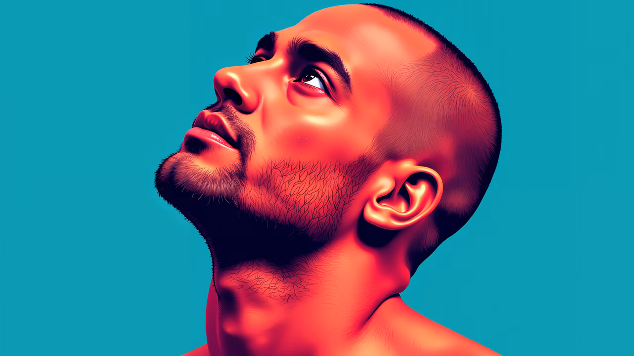 Bold red and turquoise illustration of a contemplative man.