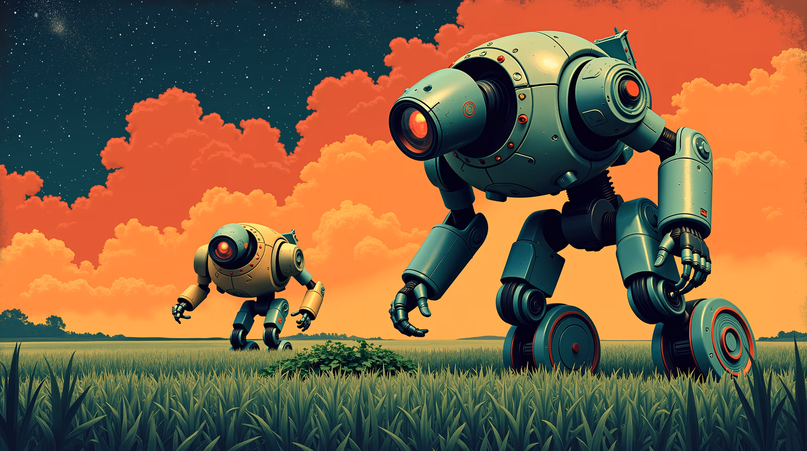 Two robots in a serene sunset landscape, blending science fiction with nature.