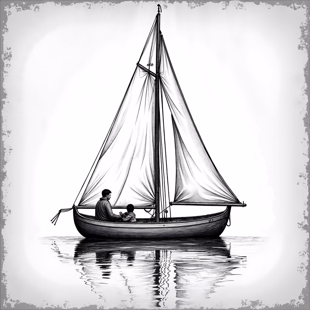 A tranquil sailing scene featuring two figures on a sailboat, evoking peace and companionship.