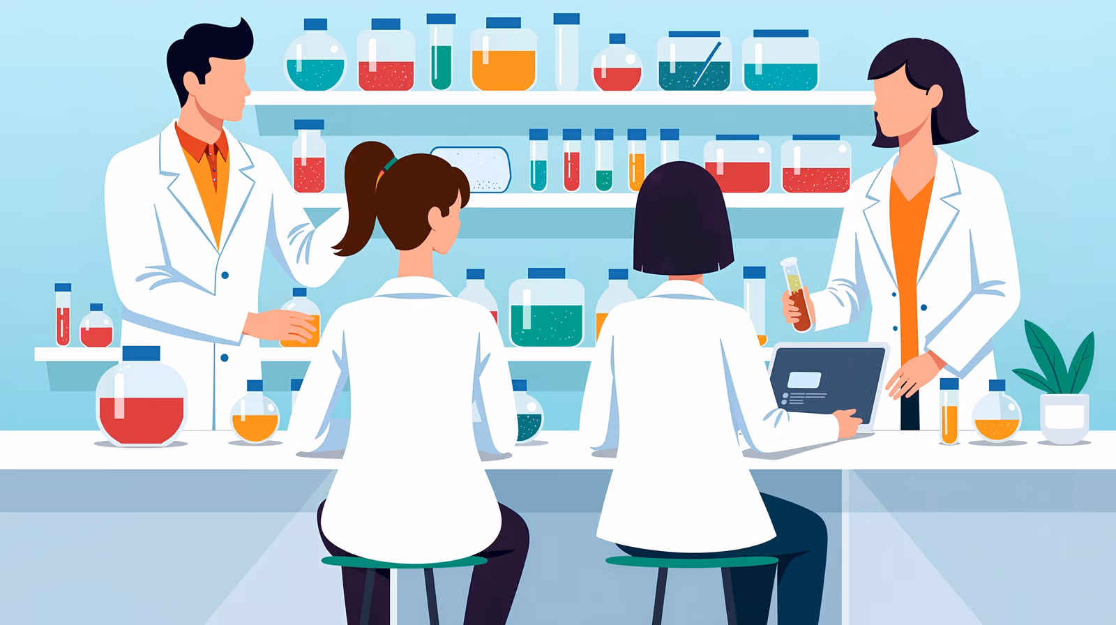Brightly colored science lab illustration featuring scientists working together.