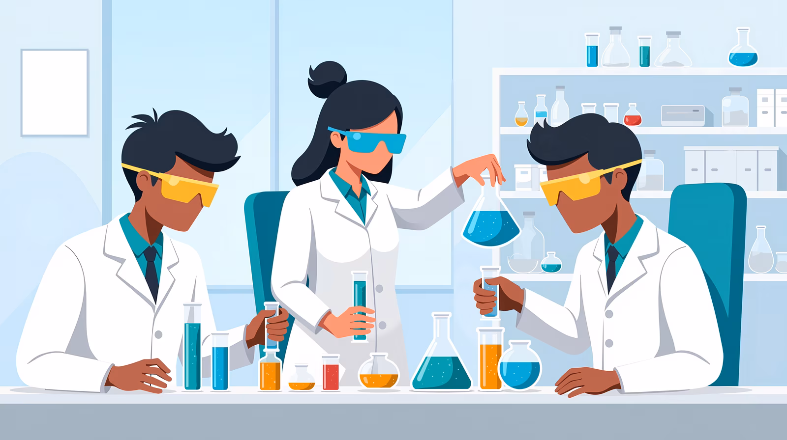 Three scientists conducting experiments in a lab setting, emphasizing education and science.