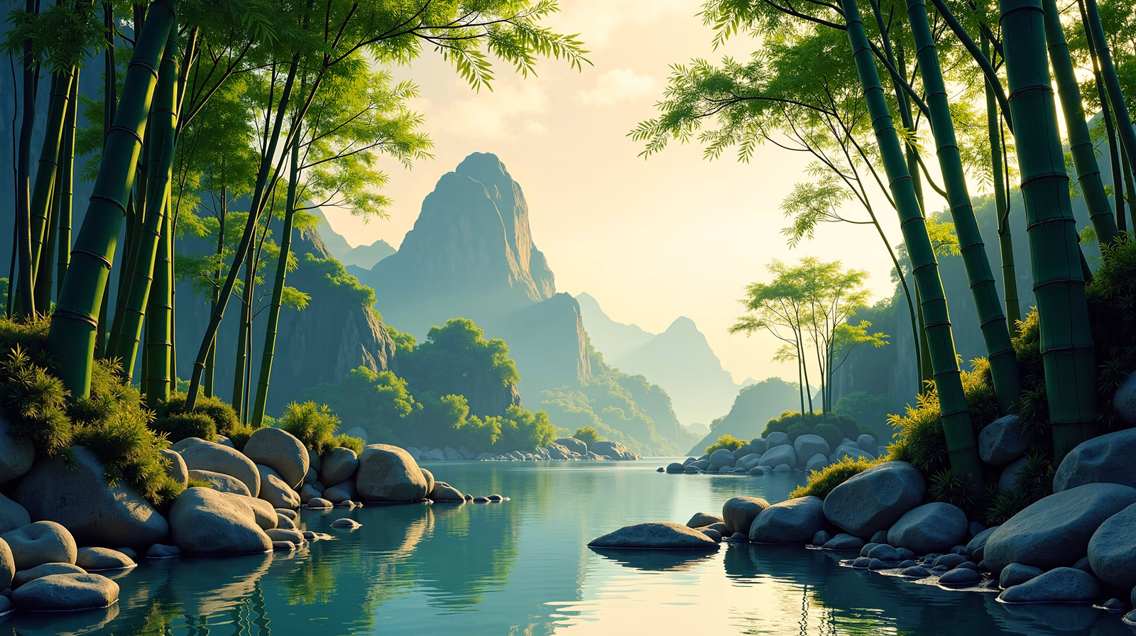 A peaceful bamboo forest scene with serene river and distant mountains.