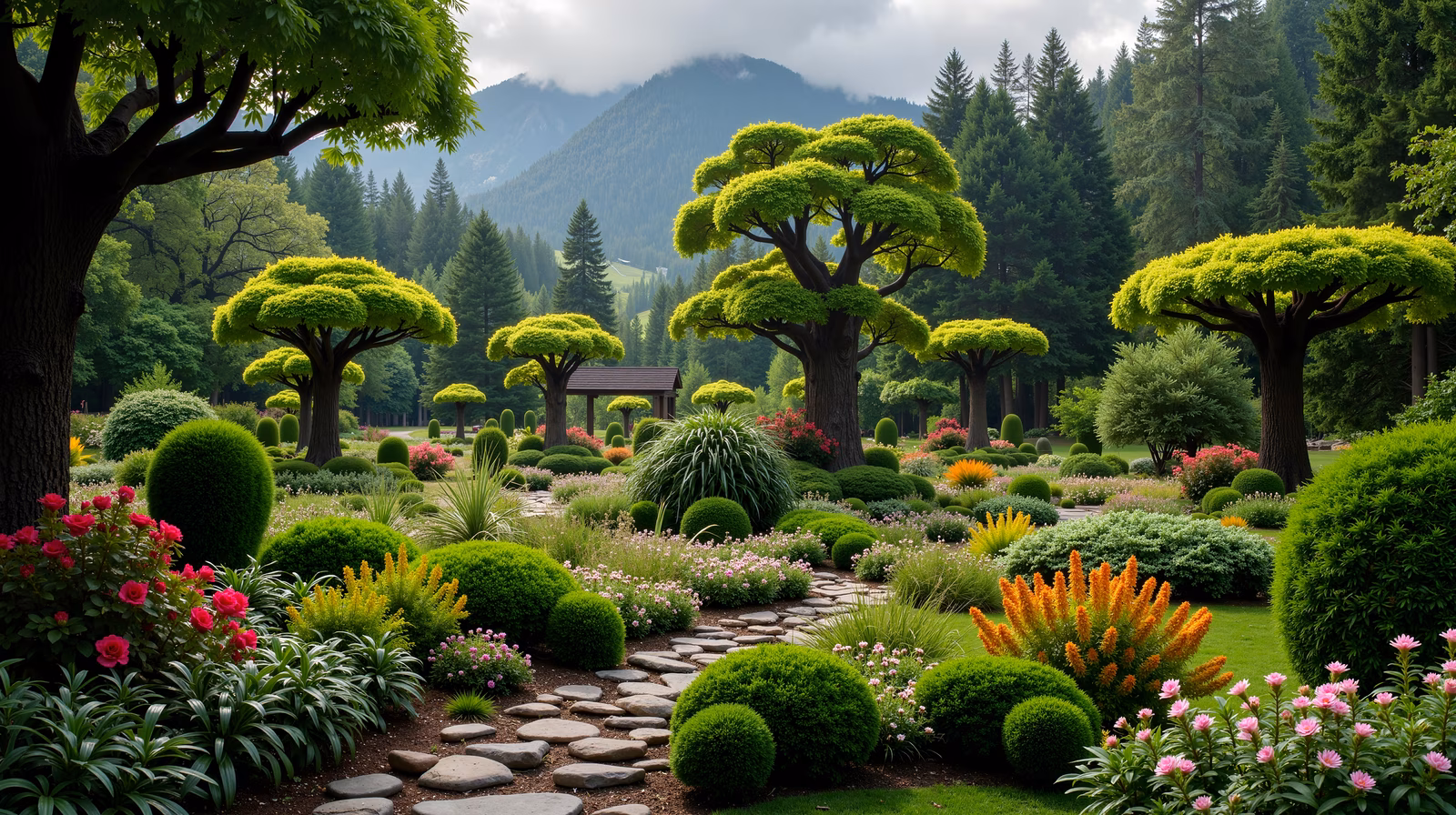 A peaceful garden illustration featuring vibrant flowers and a stone path.