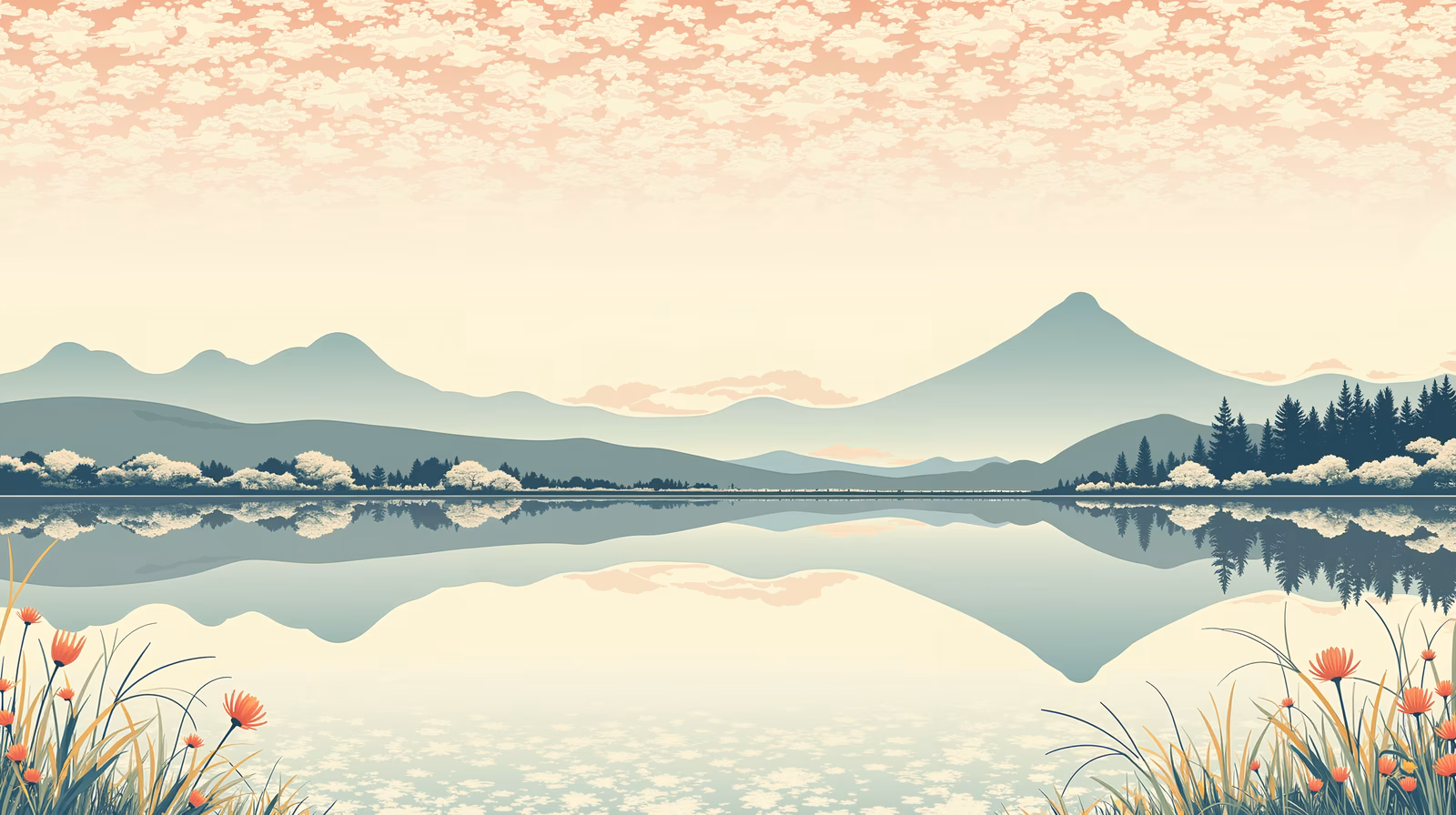 A tranquil landscape with a calm lake, distant mountains, and vibrant flowers.
