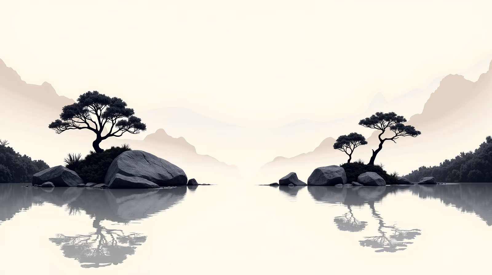 A peaceful illustration featuring two islands with trees, reflecting tranquility and natural beauty.