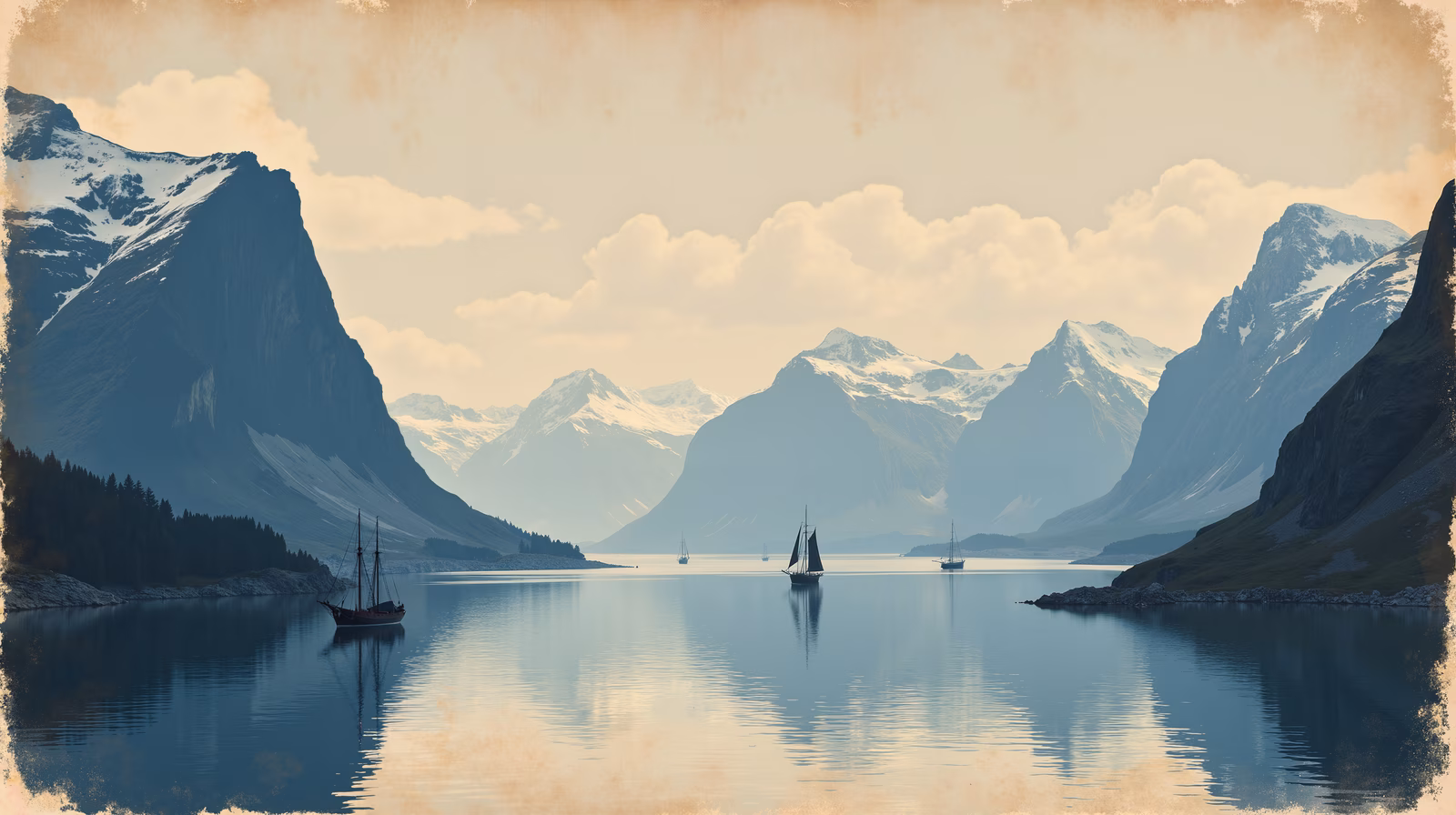 A serene mountain landscape with sailboats on a calm lake, perfect for nature lovers and those seeking tranquility.