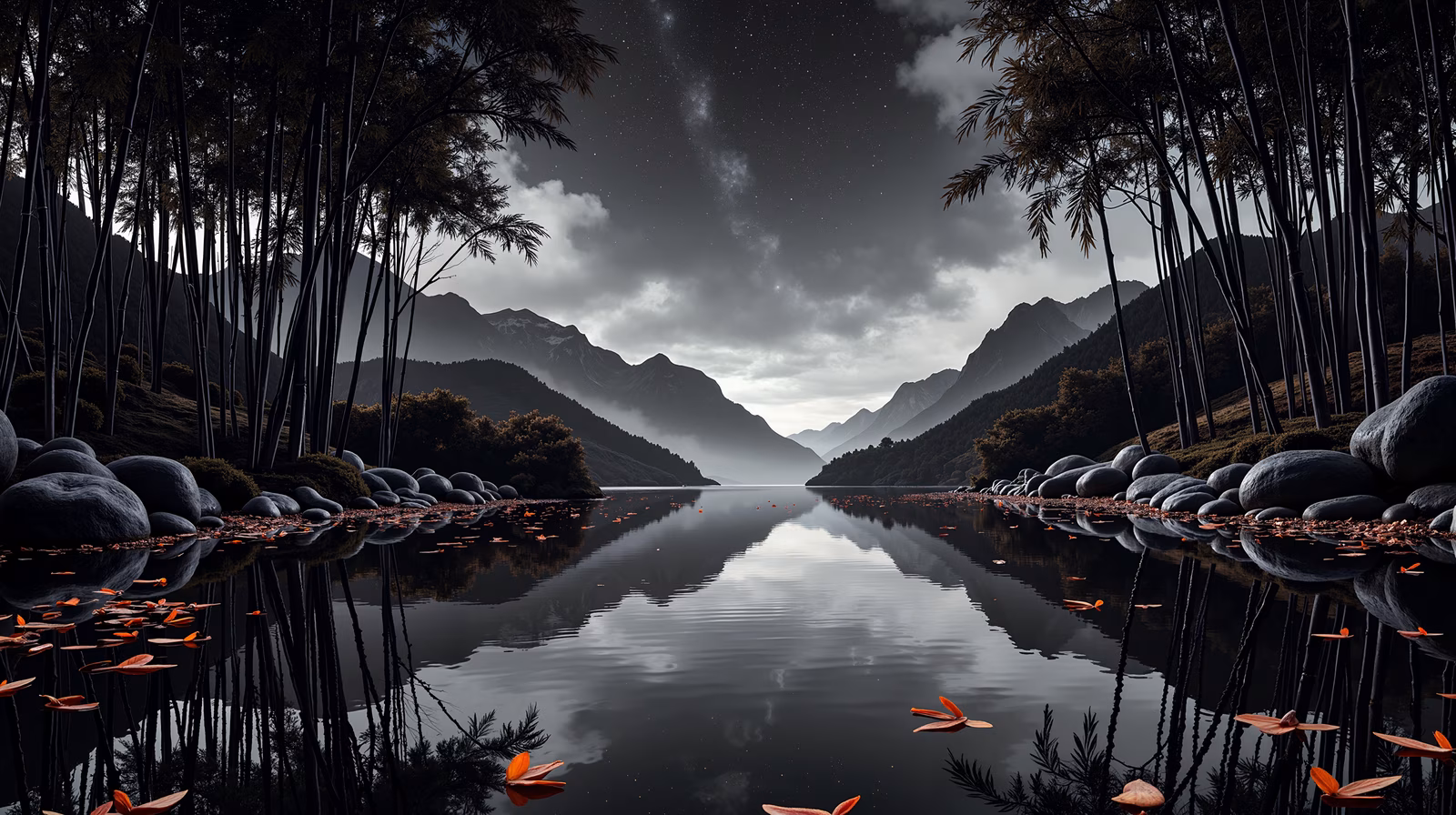 A peaceful night by a serene lake, surrounded by bamboo and mountains.
