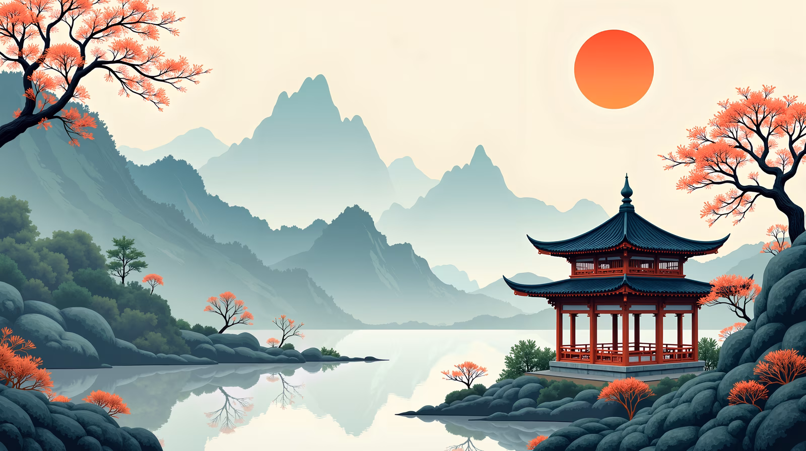 A peaceful pagoda scene with autumn trees and misty mountains, captured in a serene illustration.