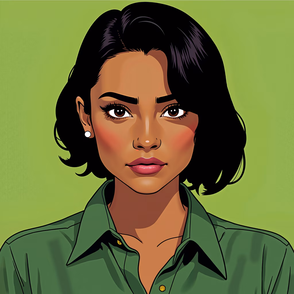Serious woman portrait with vibrant green background and bold lines.