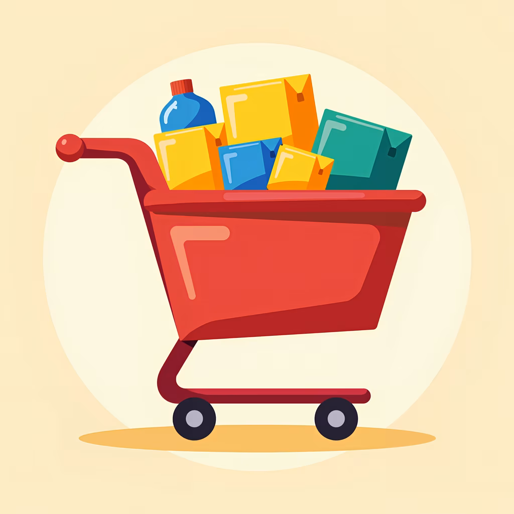 A cheerful shopping cart full of groceries, perfect for retail and shopping themes.