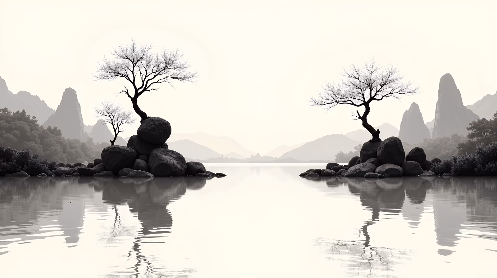 Black-and-white landscape with two bare trees reflecting in a calm lake, surrounded by misty mountains.