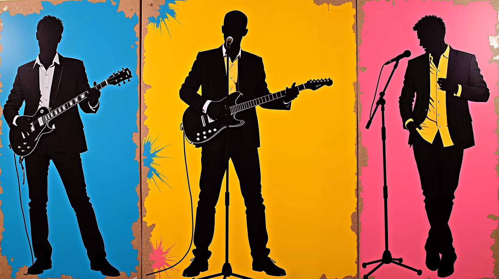 Vibrant silhouetted musicians against colorful backgrounds, perfect for music-themed art pieces.