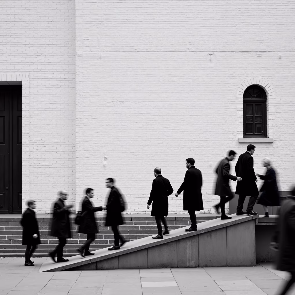 Black-and-white street photography capturing silhouetted figures ascending steps.