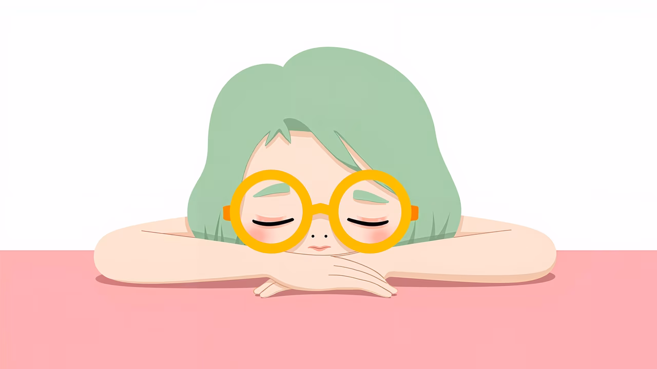 A cute character sleeping peacefully with green hair and yellow glasses.