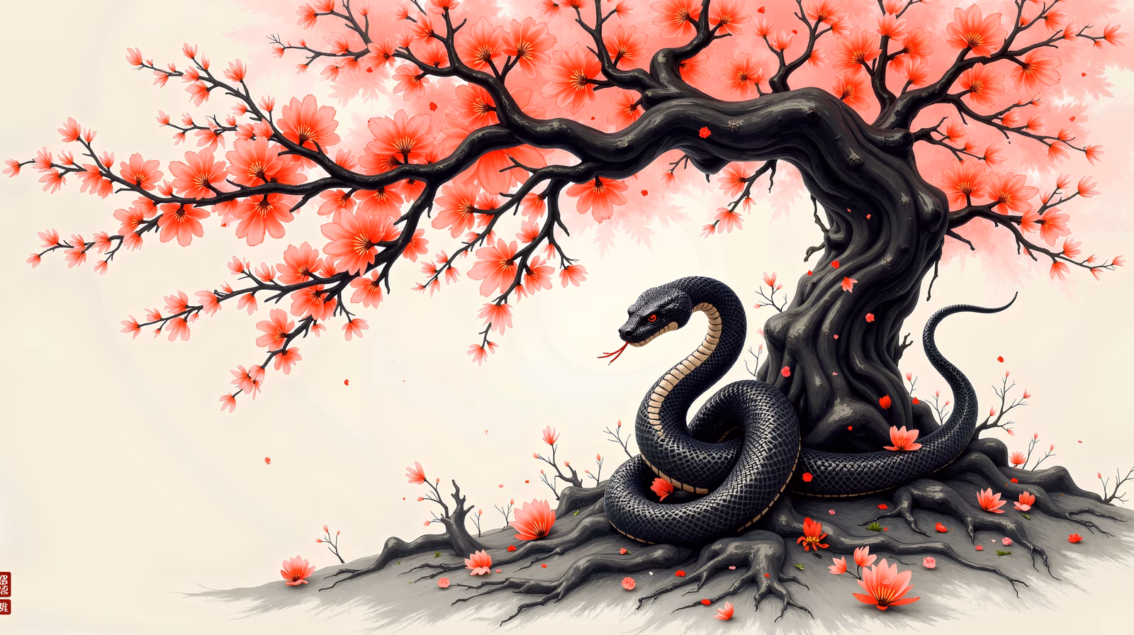A black snake entwined with a blossoming tree, symbolizing nature's beauty and mystery.