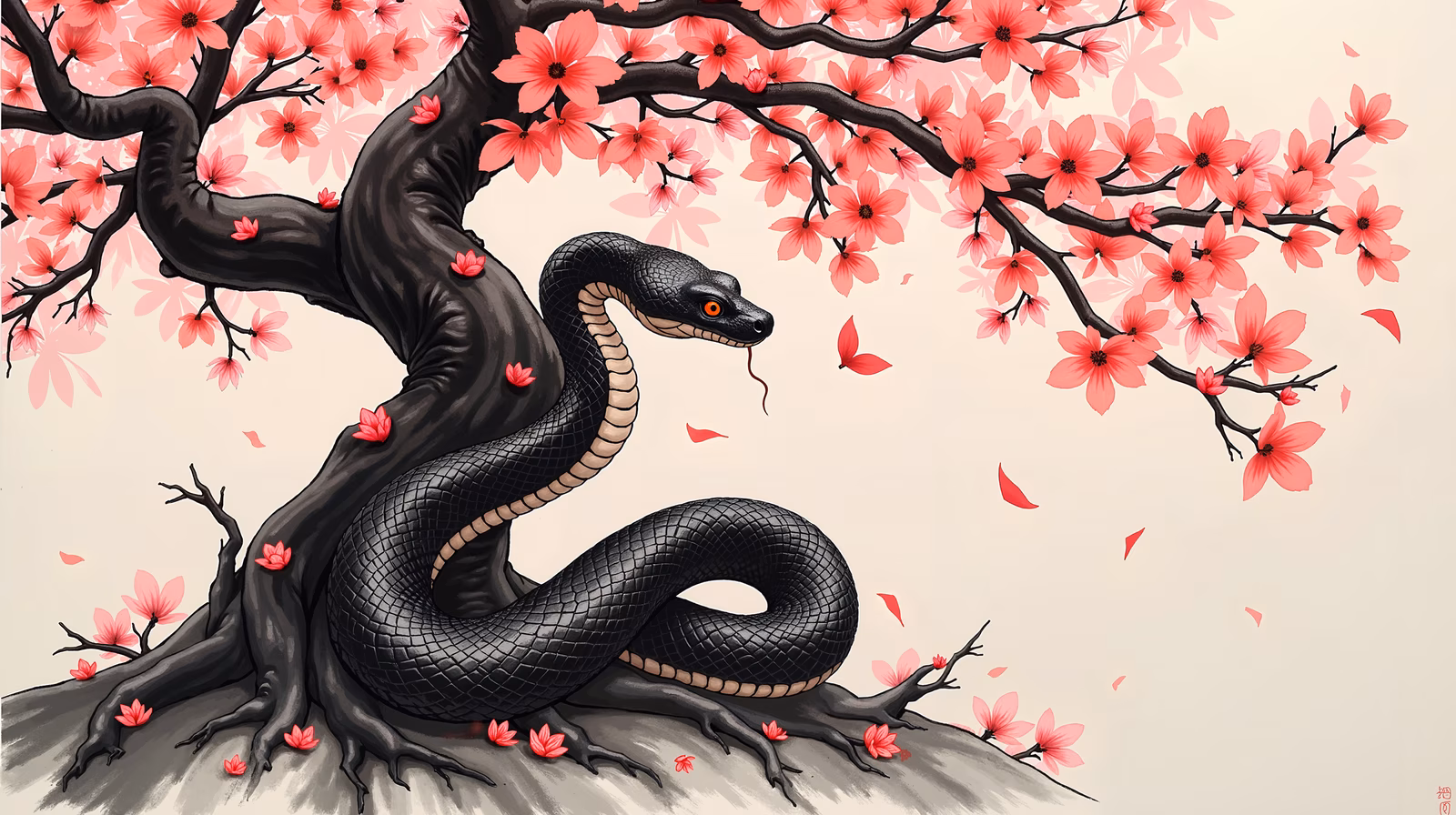Mystical snake coiled around blossoming tree, serene and intriguing.
