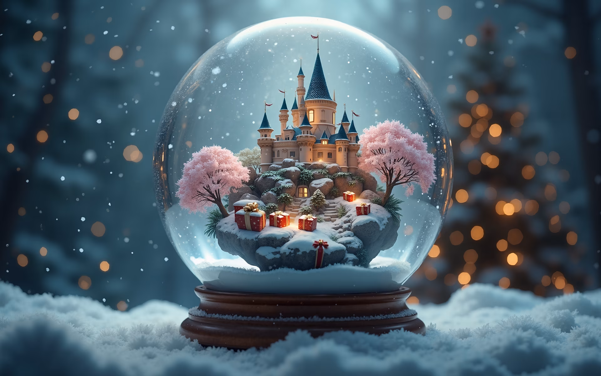 A magical snowglobe featuring a castle and cherry blossoms, perfect for fantasy enthusiasts.