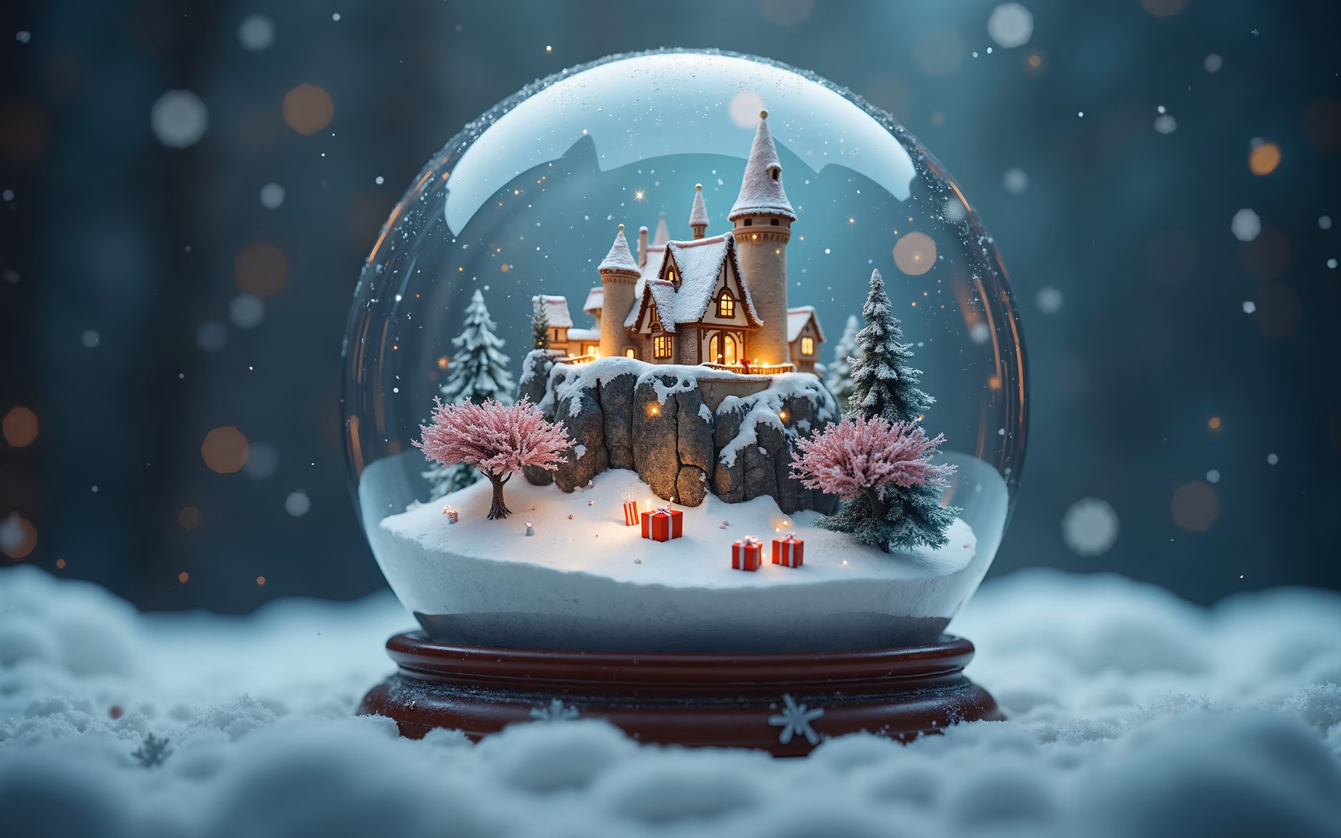 A cozy snowglobe castle with glowing candles and miniature trees, perfect for Christmas decor.