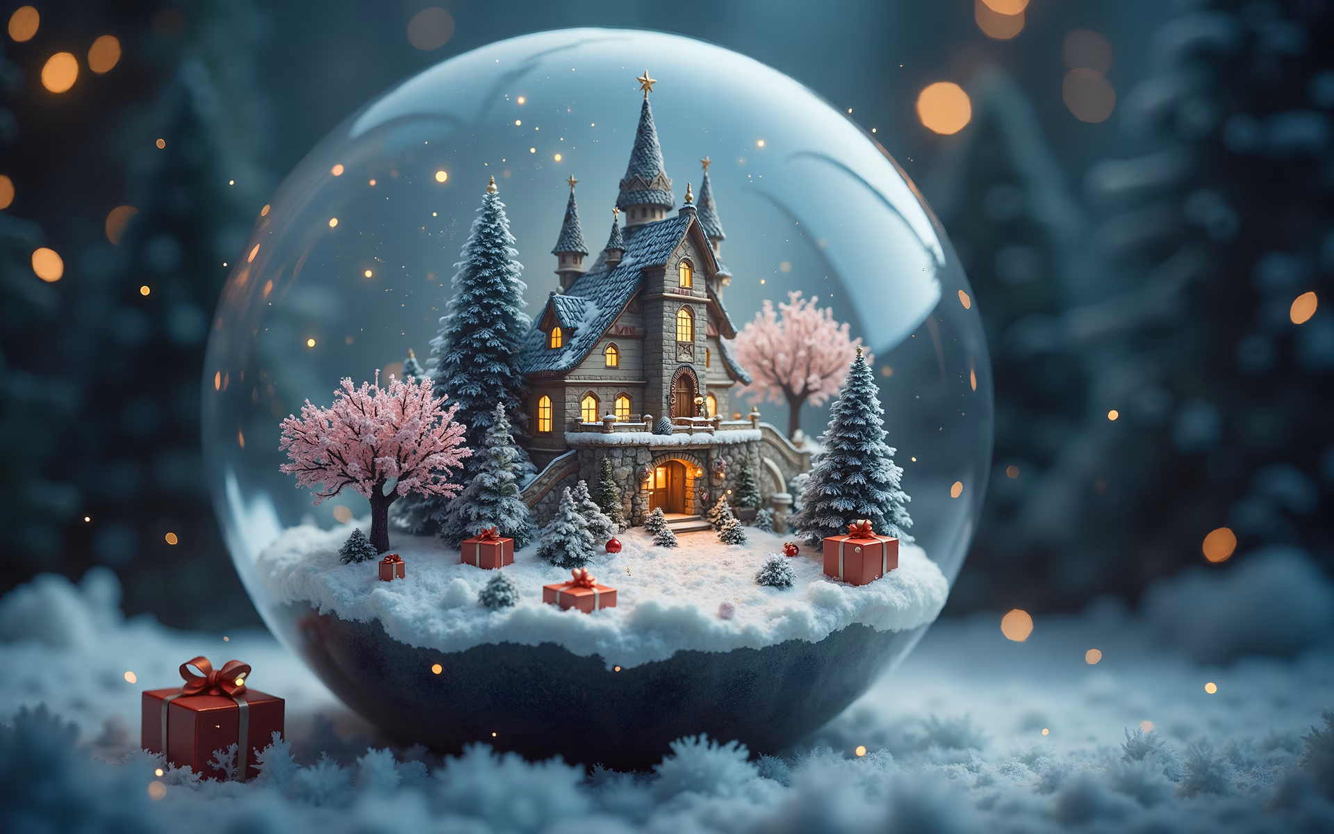 A charming snowglobe castle surrounded by snow and gifts, evoking warmth and enchantment.