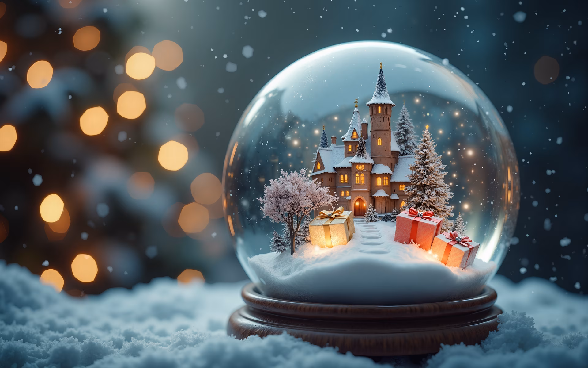 A charming snowglobe with a castle and glowing gifts, perfect for Christmas celebrations.