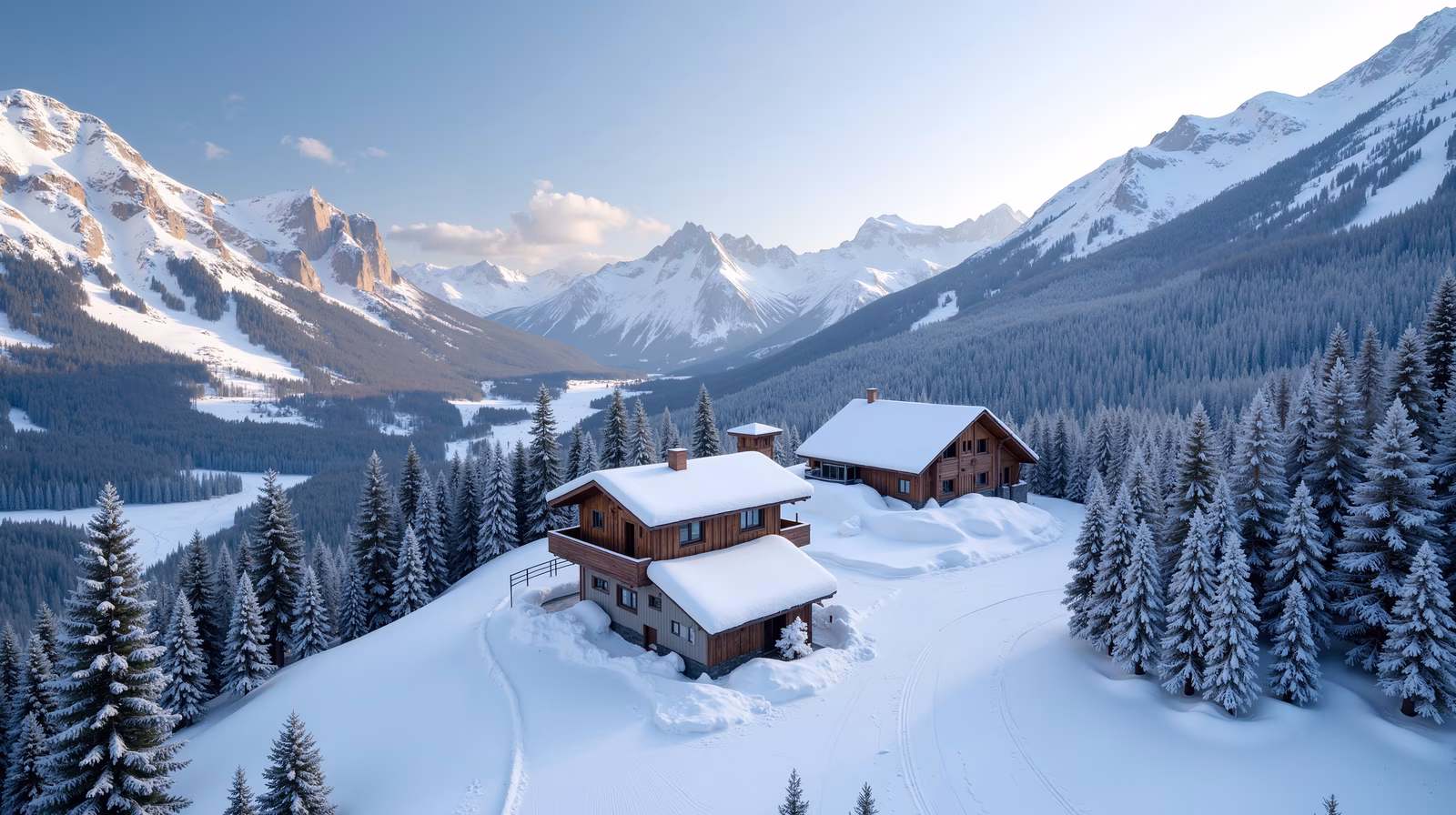 Two cabins in a snowy mountain retreat, serene and picturesque.