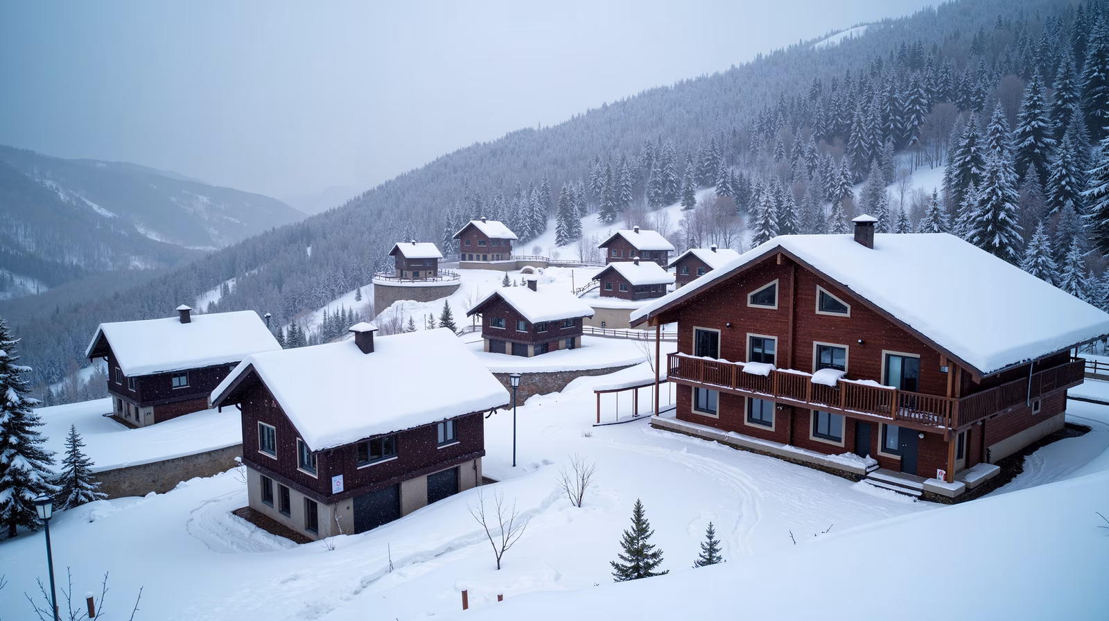 Cozy cabins in a snowy mountain retreat surrounded by pine trees.