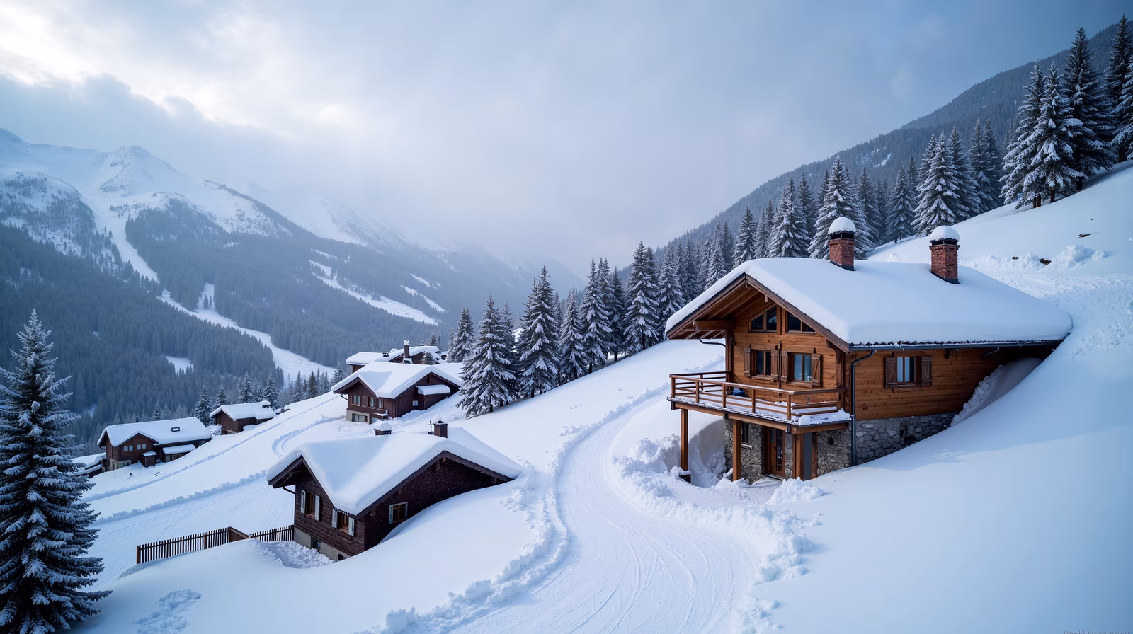 Cozy chalets in a snowy mountain retreat, perfect for winter escapes.