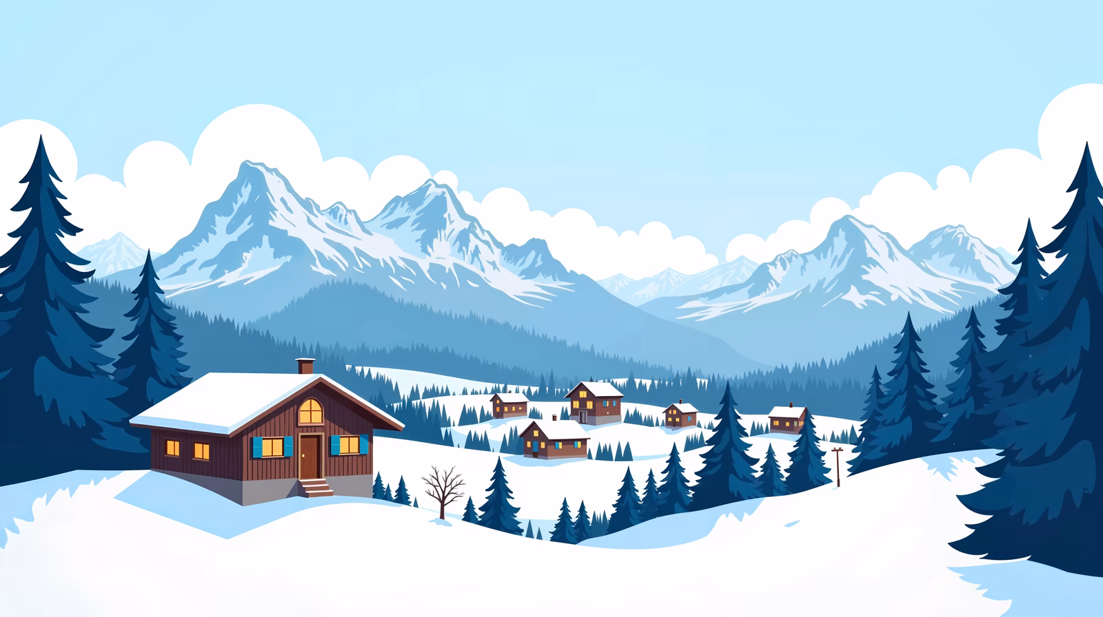 A peaceful snowy village with small wooden houses and towering mountains.