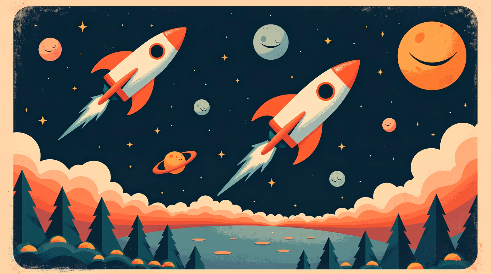 Two rockets in a colorful, whimsical night sky filled with smiling planets and stars.