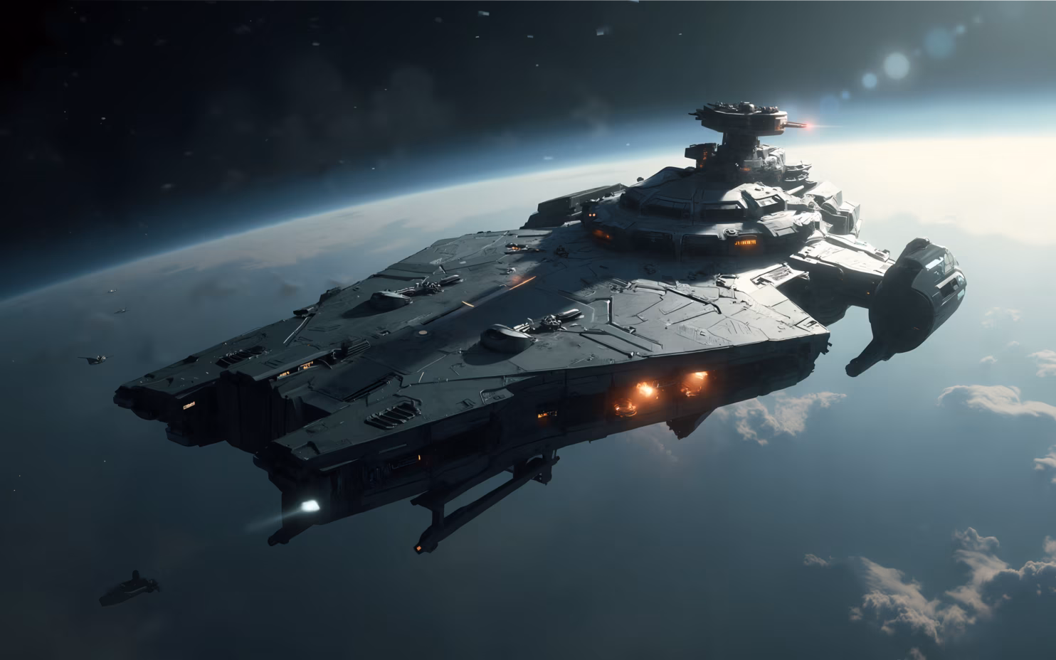 A futuristic space battleship poised for action against a celestial backdrop.