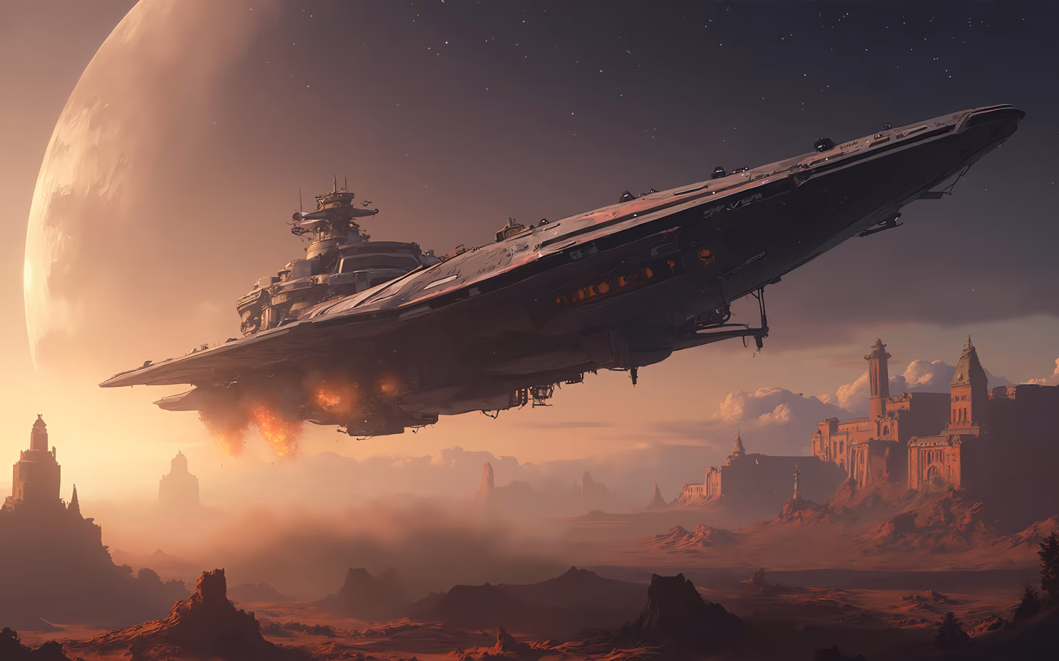 A futuristic space fleet over a desolate planet under a large moon, evoking a sense of adventure and mystery.