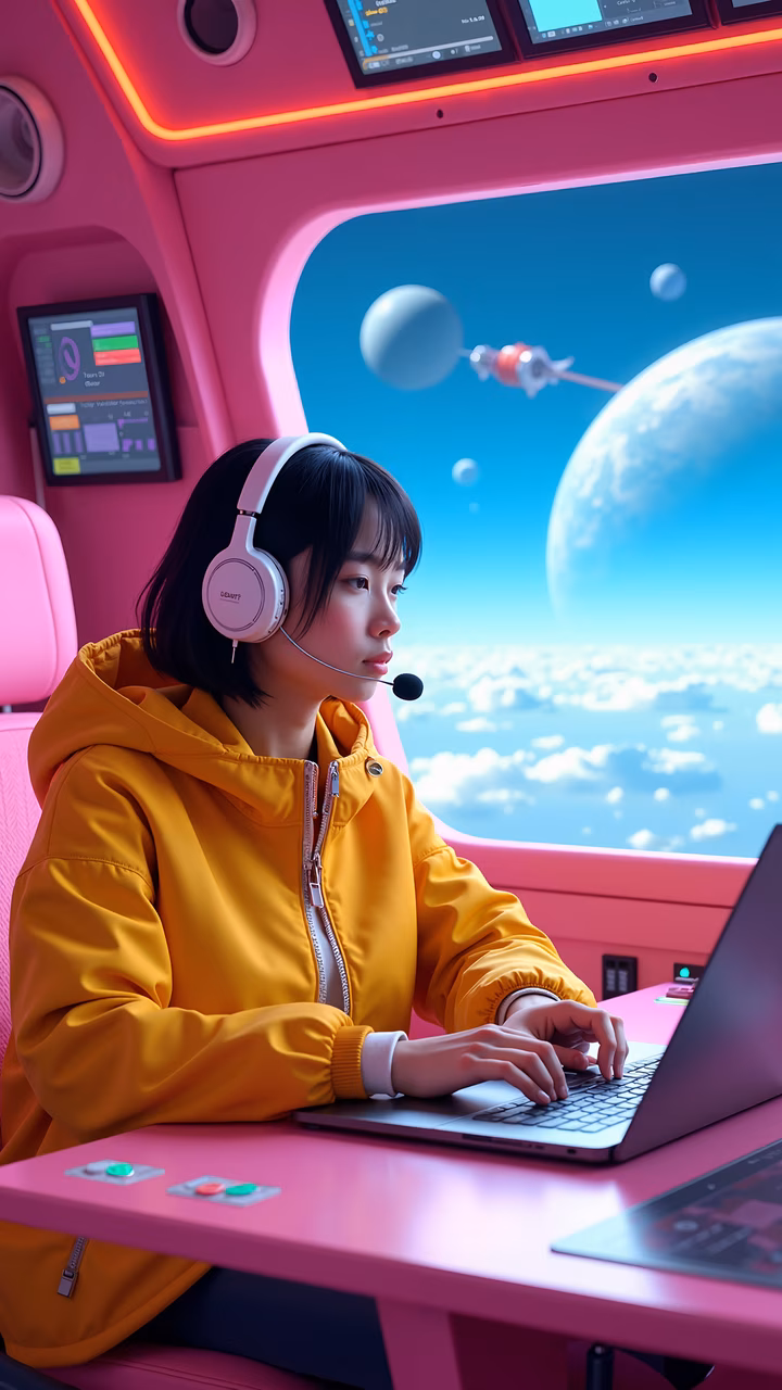 A young gamer in a futuristic pink space station, immersed in a serene cosmic environment.