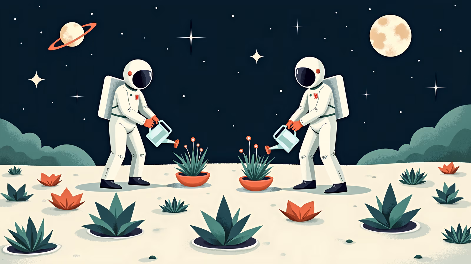 Astronauts tending to plants on the moon under a starlit sky.