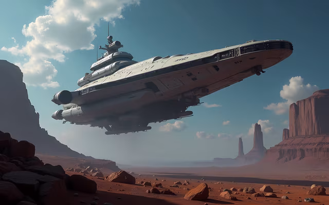 Spacecraft Hovering Over Red Planet