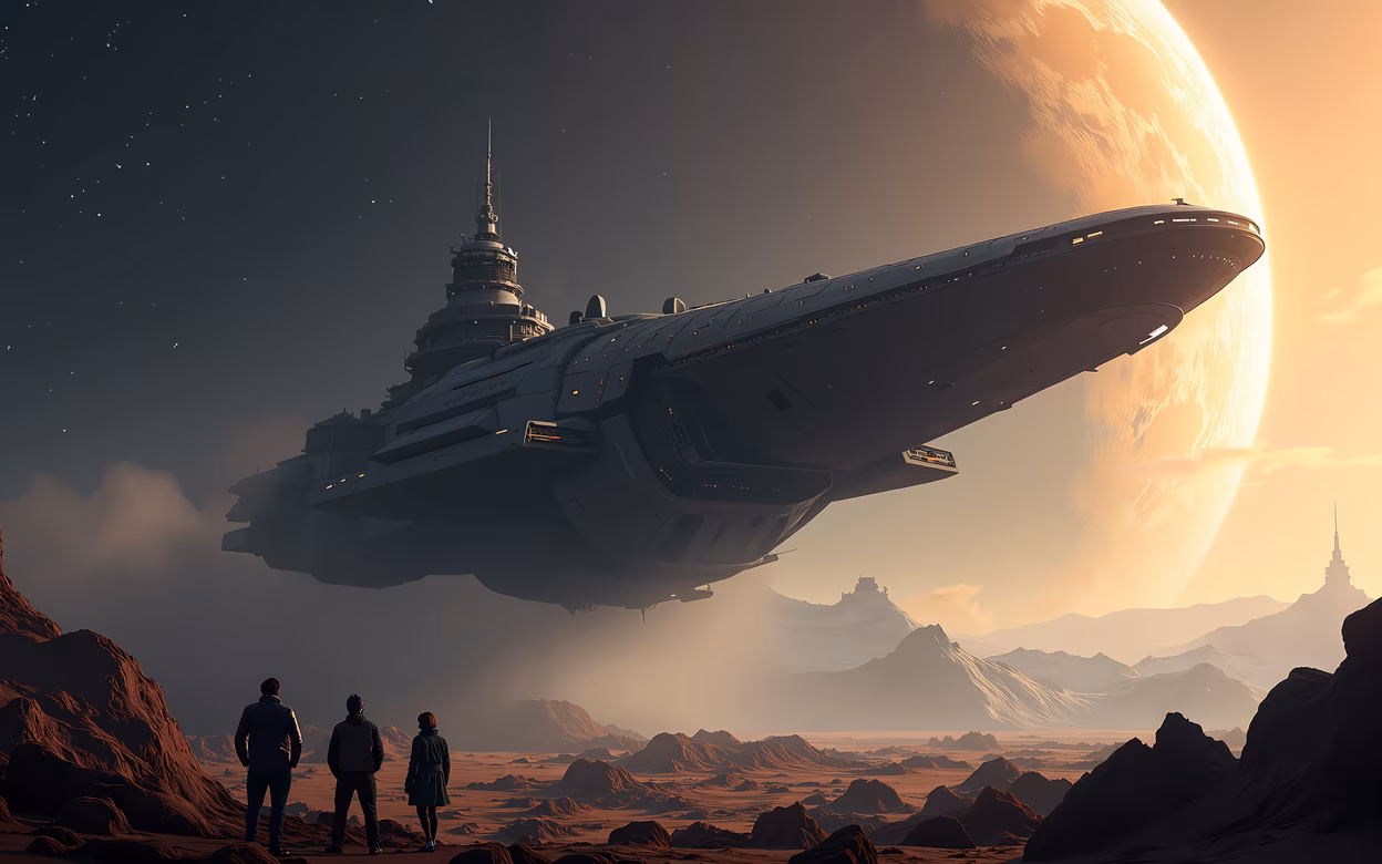 Futuristic spacecraft landing on an alien planet, inspiring awe and wonder.