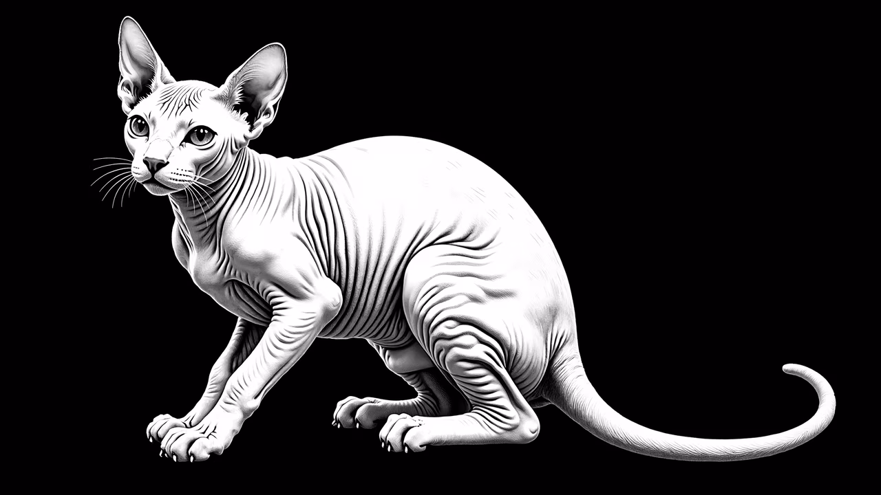 Detailed black-and-white illustration of a Sphynx cat, highlighting its unique texture and form.