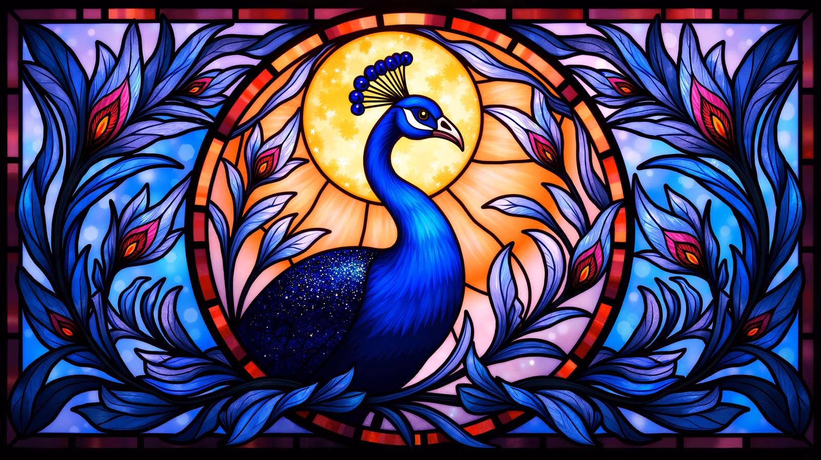 A stunning stained glass illustration featuring a peacock amidst floral patterns.