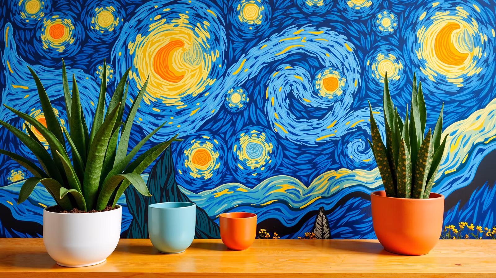 Vincent van Gogh’s “Starry Night” mural meets modern interior design with snake plants and colorful cups.