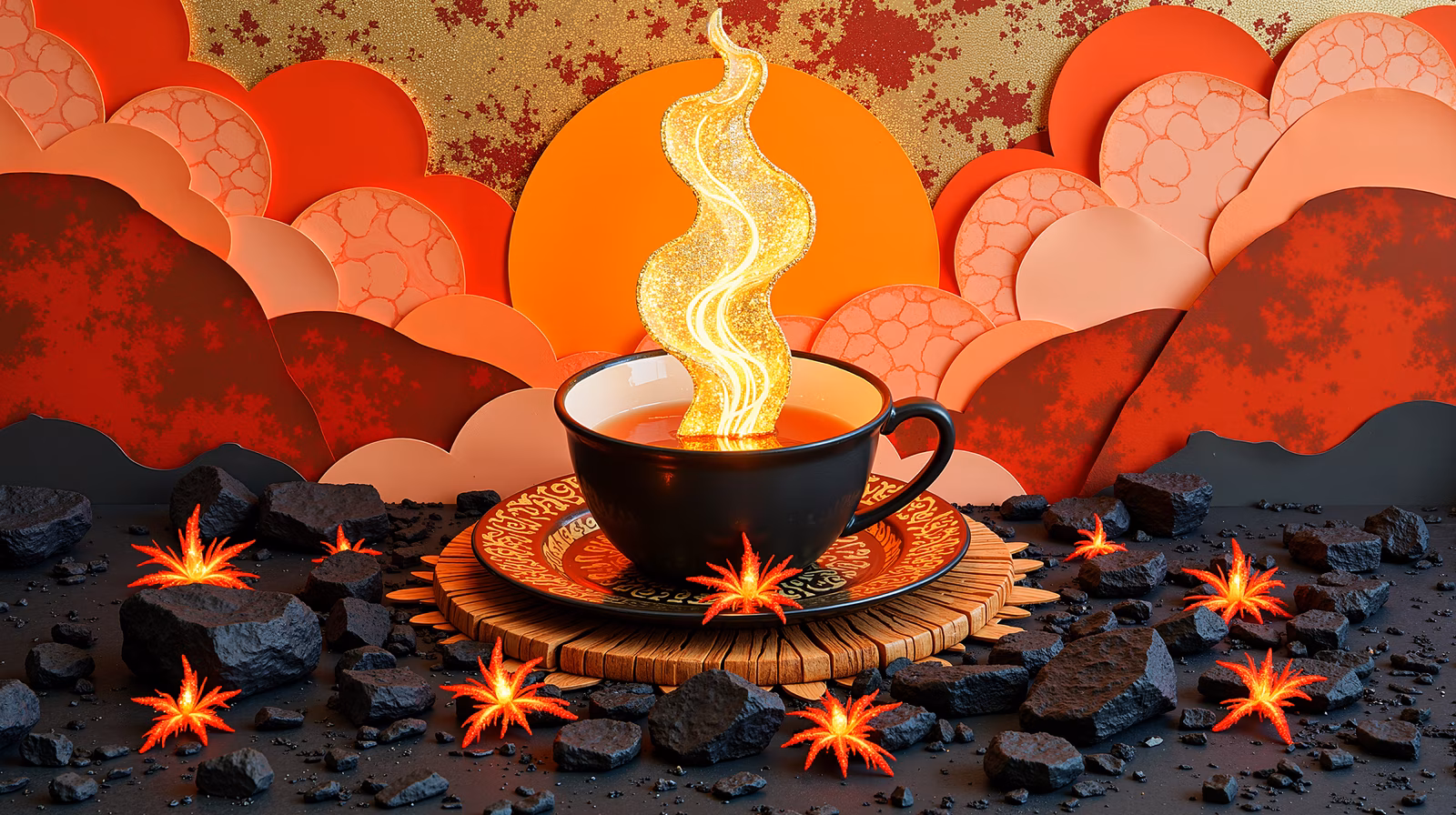 A steaming cauldron amidst fiery embers and molten lava.